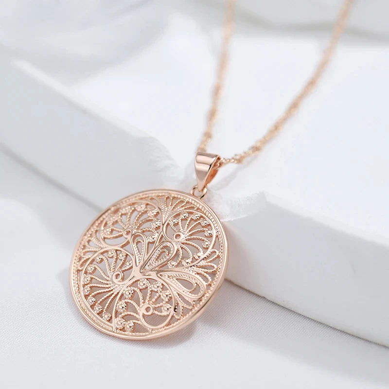 Round Flower Shape Pendant Necklace for Women Unusual Metal Flower 585 Rose Gold Color Big Pendant Fine Daily Jewelry