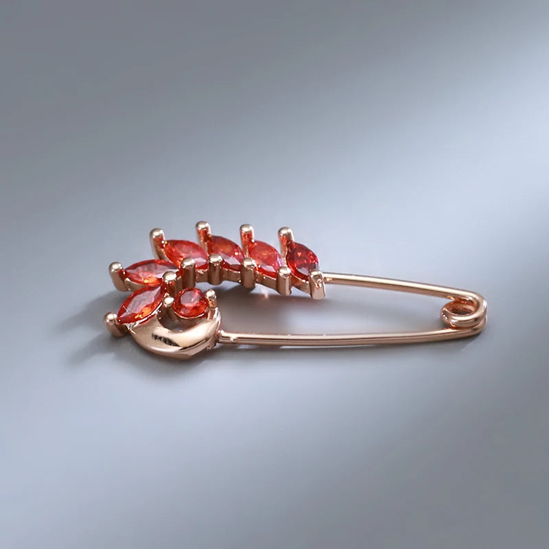 New Unique Red Natural Zircon Boutonniere 585 Rose Gold Fine Brooch for Women Fashion Creative Wedding Jewelry Hot