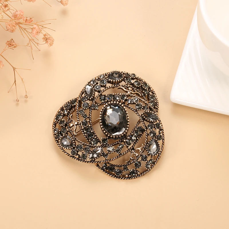 Fashion Gray Crystal Flower Women Big Brooch Drop Zircon Ethnic Banquet Vintage Jewelry Hijab Caftan Accessories
