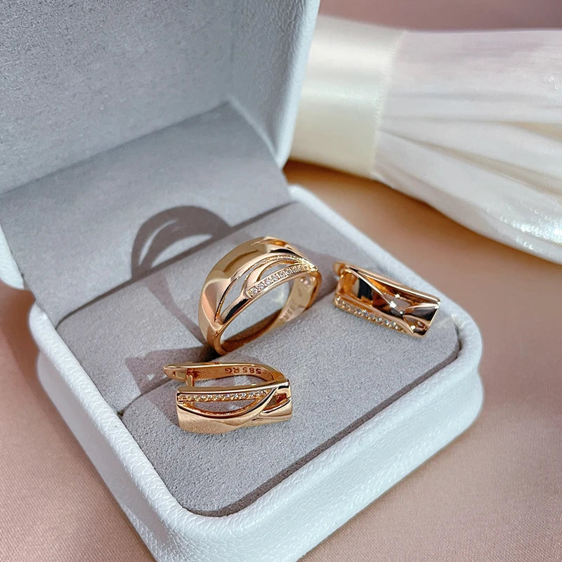 New 585 Rose Gold Square Drop Earrings Ring Stes Fashion Women Geometry Natural Zircon Ring Fine Daily Boho Jewelry Set