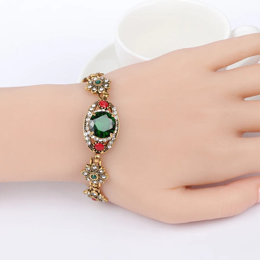 Luxury Green Stone Turkish Bracelets for Women Antique Gold Color Crystal Flower Boho Vintage Jewelry 
