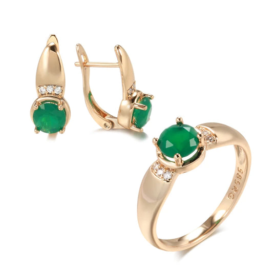 New Emerald Round Cut Natural Zircon Earrings Ring Sets for Women 585 Rose Gold Clip Earring Party Fashion Jewelry Sets