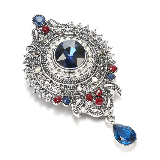 Boho Tibetan Silver Green Crystal Flower Brooch Pins Metal Scarf Clothing Christmas Gift Banquet Vintage Wedding Jewelry