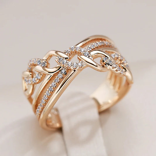 New 585 Rose Gold Color Natural Zircon Big Rings for Women Unique Cross Ring Fashion Modern Wedding Party Daily Jewelry