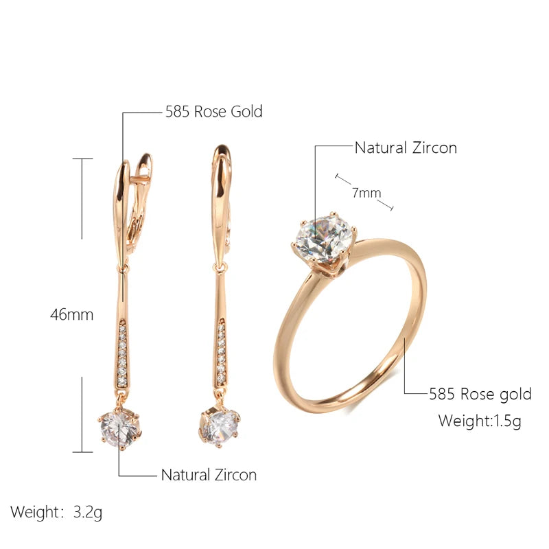 Diamond Shape 585 Rose Gold Women Long Earrings Ring Sets round White Natural Zircon Luxury Fine Gift Casual Fashion Jewelry Sets