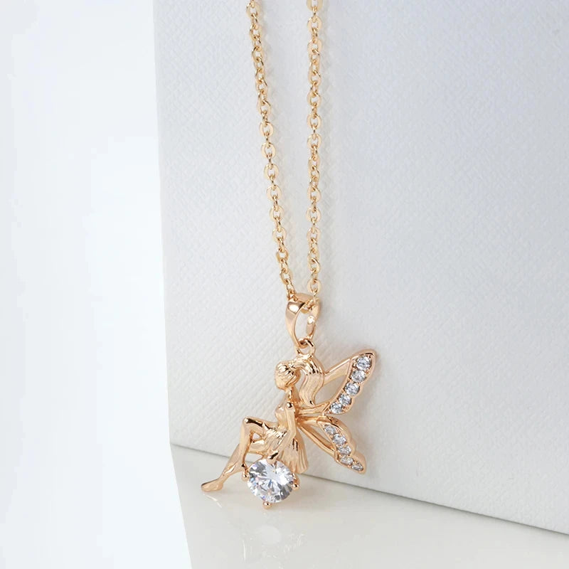 Angel Pendant Necklaces for Women 585 Rose Gold Color with Shiny Natural Zircon Pendant Daily Fine Jewelry