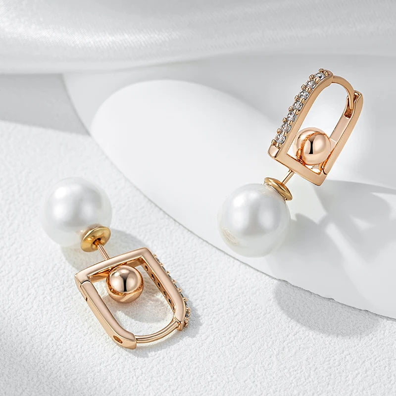 Hot 585 Rose Gold Color Pearl Drop Earrings for Women Unique Geometric Natural Zircon Accessories Daily Jewelry Gift