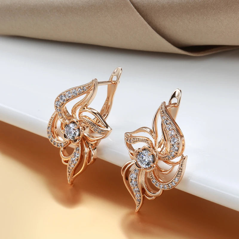 Fine Hyperbole Curve Ring Earrings Sets for Women Fashion 585 Rose Gold Jewelry Sets Unique Natural Zircon Earrings Ring