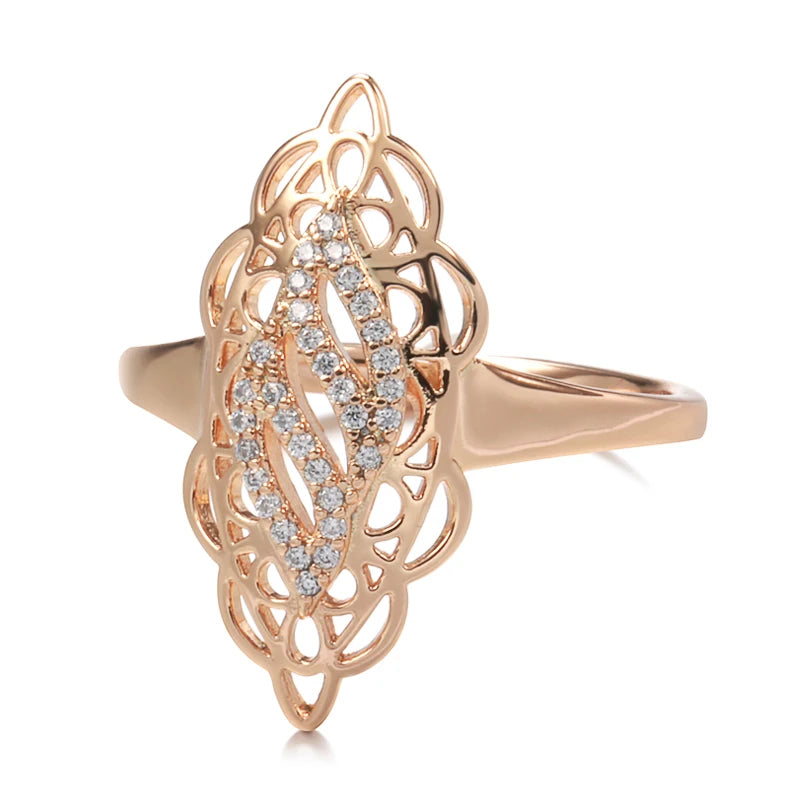Elegant Vintage 585 Rose Gold Women Ring Natural Zircon Hollow Flower Ethnic Rings Trend Daily Vintage Jewelry