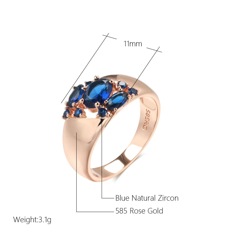 New Blue Natural Zircon Ring for Women 585 Rose Gold Wide Rings Vintage Ethnic Bride Wedding Jewelry Party Accessories