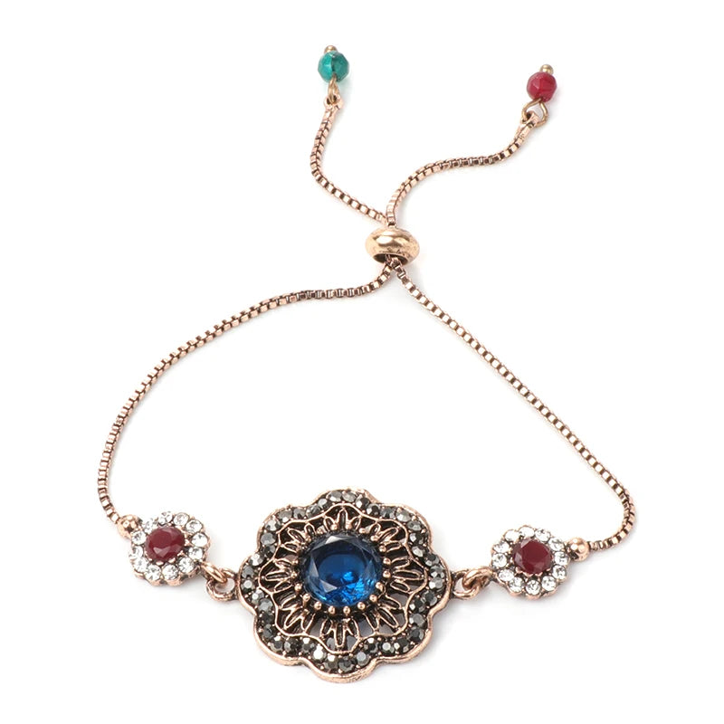 Luxury Gray Crystal Flower Bracelet for Women Antique Gold India Bracelets Adjustable Length Vintage Wedding Jewelry