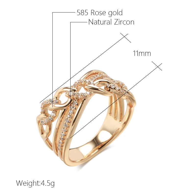 New 585 Rose Gold Color Natural Zircon Big Rings for Women Unique Cross Ring Fashion Modern Wedding Party Daily Jewelry