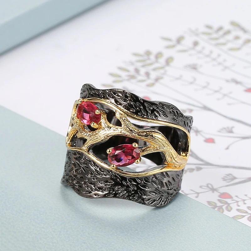 Vintage Classic Antique Ring Lucky Tree Punk Gun Black Mosaic Red Zircon Stone Finger Rings for Women