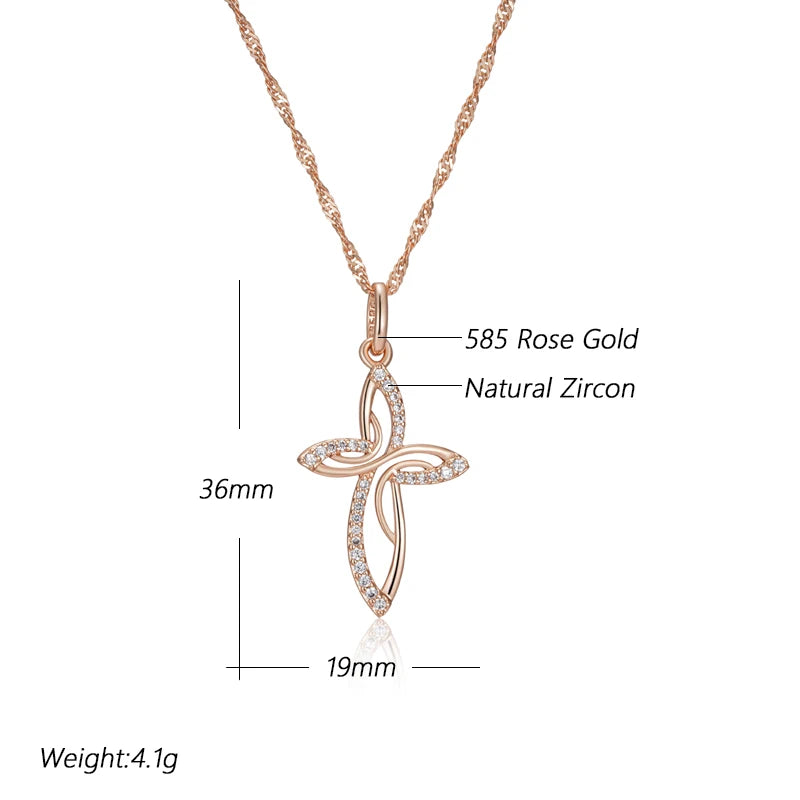 Luxury 585 Rose Gold Color Cross Pendant Necklace for Women Men Orthodox Charm Daily Fine Jewelry
