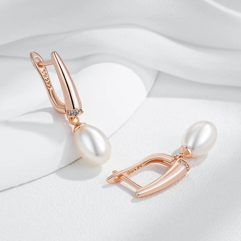 Unique Geometric Pearl Drop Earrings for Women Luxury 585 Rose Gold Silver Color Mix Boho Ethnic Wedding Jewelry