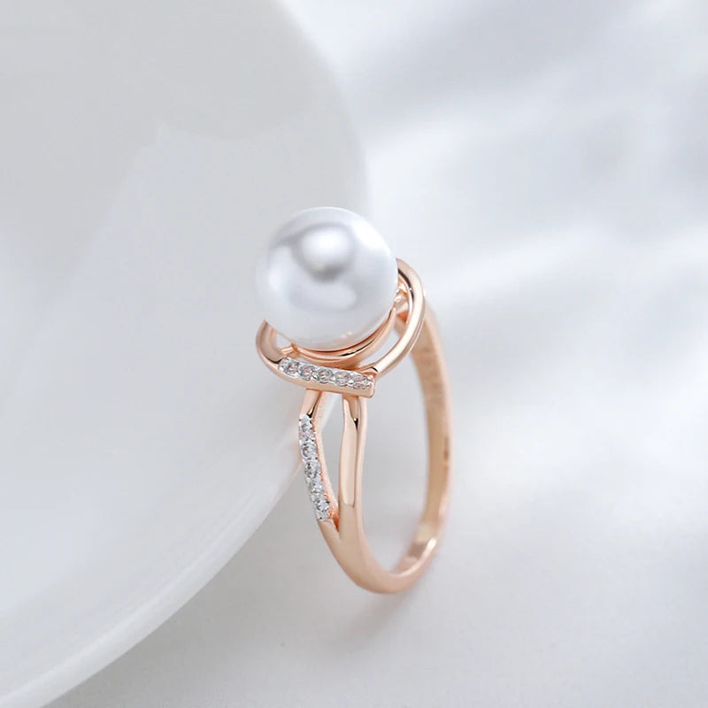 Geometry Pearl Ring for Women 585 Rose Gold Silver Color Mix Natural Zircon Boho Ethnic Wedding Jewelry