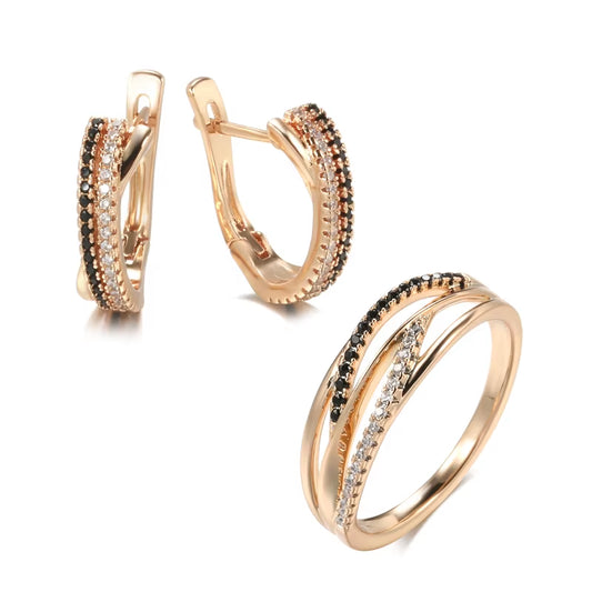 Elegant Black & White Sets 585 Rose Gold Ring Earrings Natural Zircon Cross Geometry Rings for Women Vintage Jewelry Sets