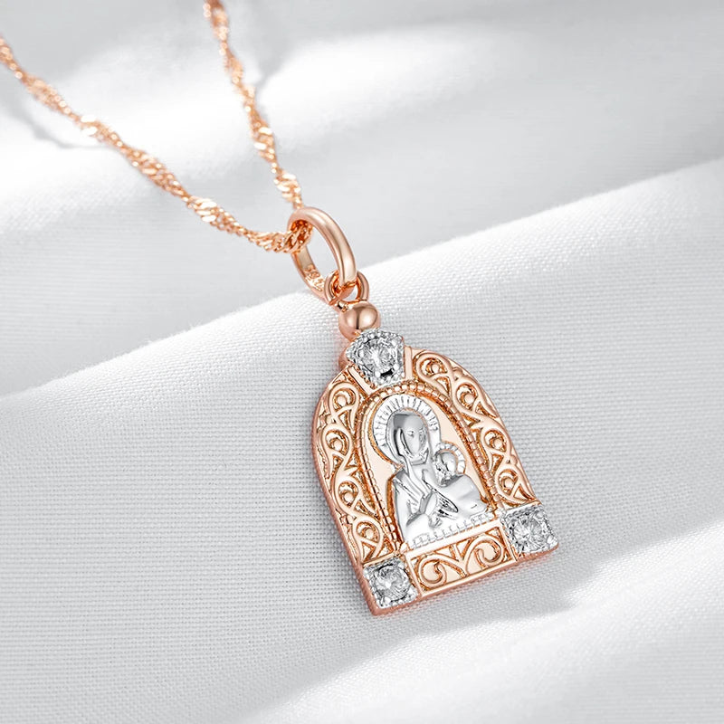 Luxury Virgin Mary Rose Gold Silver Color Pendant Necklace for Women Men 585 Rose Gold Color Natural Zircon Jesus Charm Daily Fine Jewelry Gifts