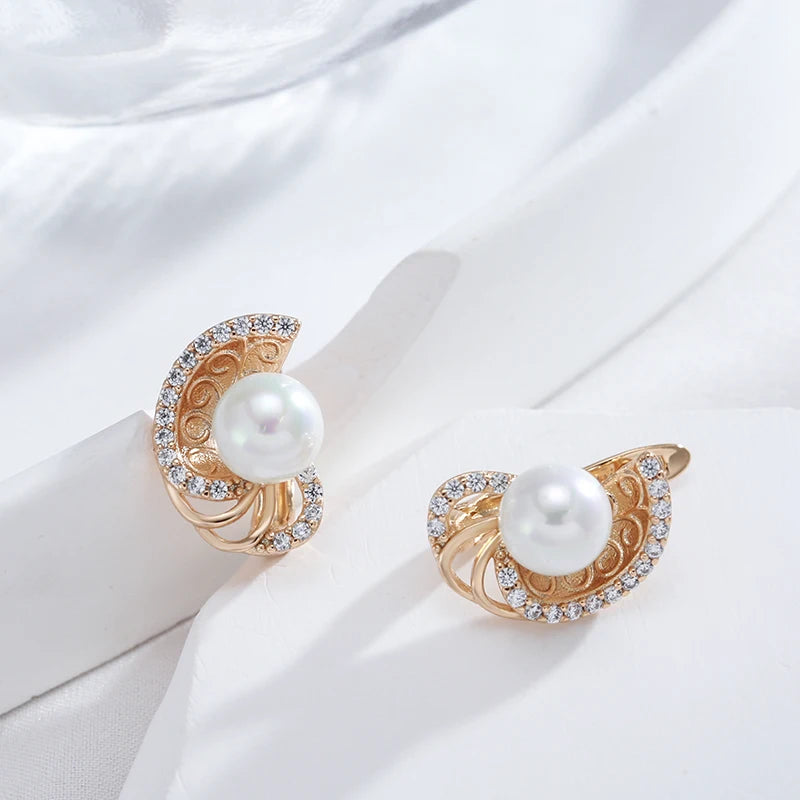 New round Pearl Dangle Earrings for Women 585 Rose Gold Color Flower Ethnic Bride Earrings Lovely Fashion Daily Jewelry