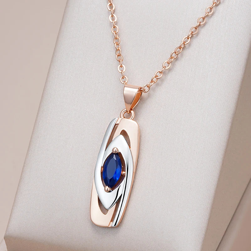 Luxury Blue Stone Pendant 585 Rose Gold Mixed White Gold Natural Zircon Pendant Necklace for Women Trendy Wedding Jewelry