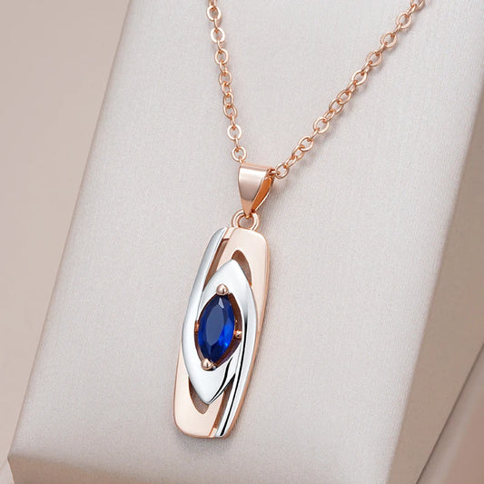 Luxury Blue Stone Pendant 585 Rose Gold Mixed White Gold Natural Zircon Pendant Necklace for Women Trendy Wedding Jewelry