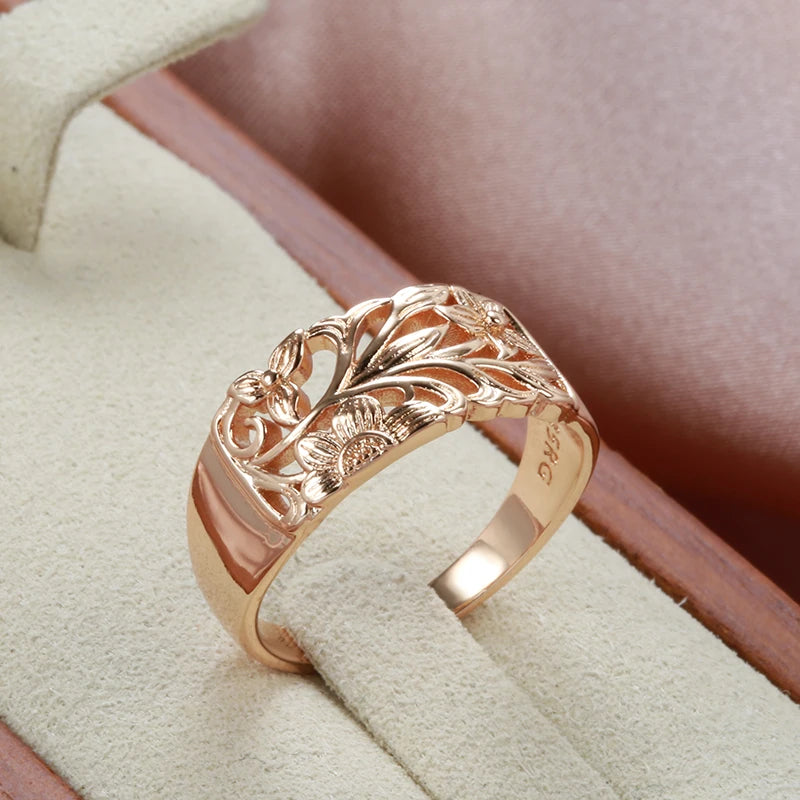 Vintage 585 Rose Gold Women Earrings Ring Sets Boho Hollow Flower Cilp Earrings Ring Elegant Ethnic Wedding Jewelry Sets