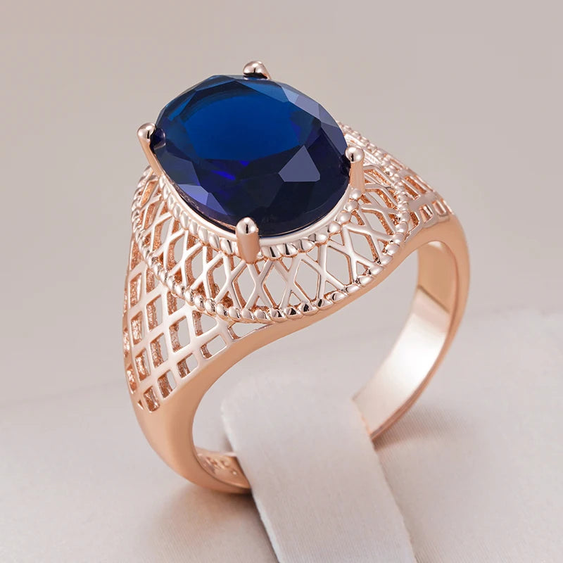 Oval Blue Natural Zircon Daily Ring for Women Trend 585 Rose Gold Color High Quality Ethnic Bridal Jewelry