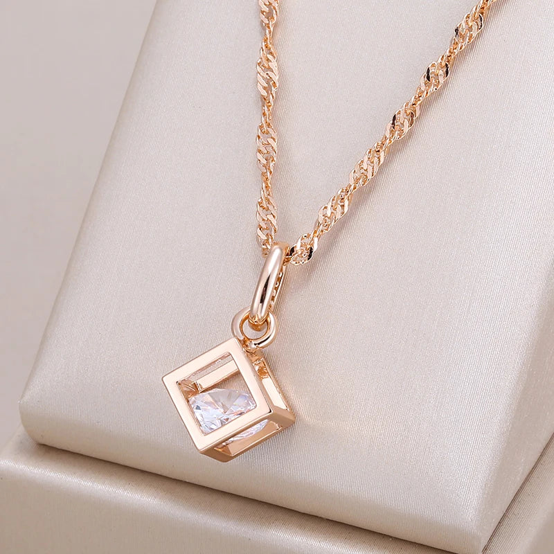 Rubix Square Pendant Necklace for Women 585 Rose Gold Color Natural Zircon Accessories Daily Fine Jewelry