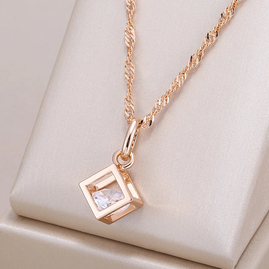 Rubix Square Pendant Necklace for Women 585 Rose Gold Color Natural Zircon Accessories Daily Fine Jewelry
