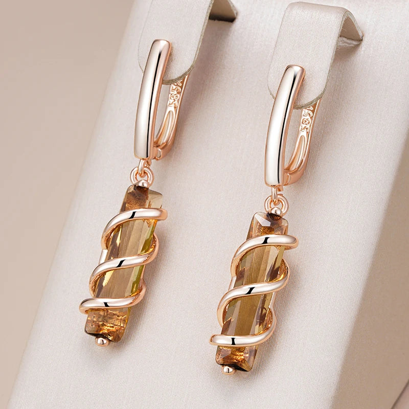 Spiral Potion Light Brown Natural Zircon Drop Earrings for Women 585 Rose Gold Color High Quality Daily Jewelry