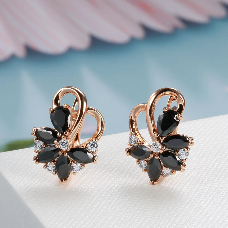 Black New 585 Rose Gold Earrings Ring Sets for Women Fashion with Natural Zircon Drop Earrings Ring Jewelry Set