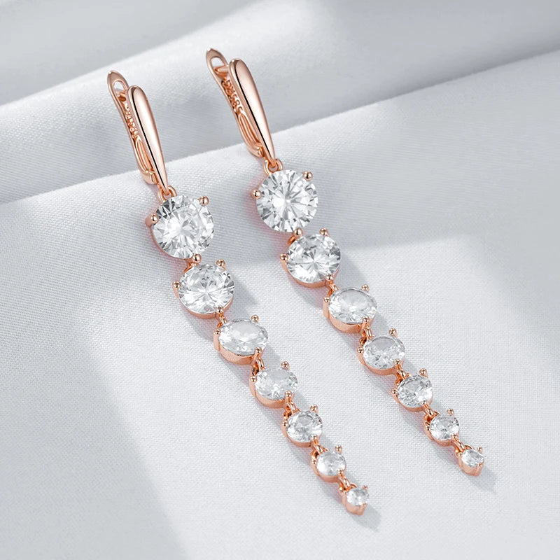 Diamond Drop White Natural Zircon Long Dangle Earrings for Women Fashion 585 Rose Gold Color Party Accessories Daily Jewelry
