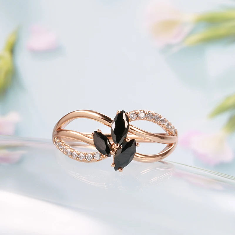 Black New 585 Rose Gold Earrings Ring Sets for Women Fashion with Natural Zircon Drop Earrings Ring Jewelry Set