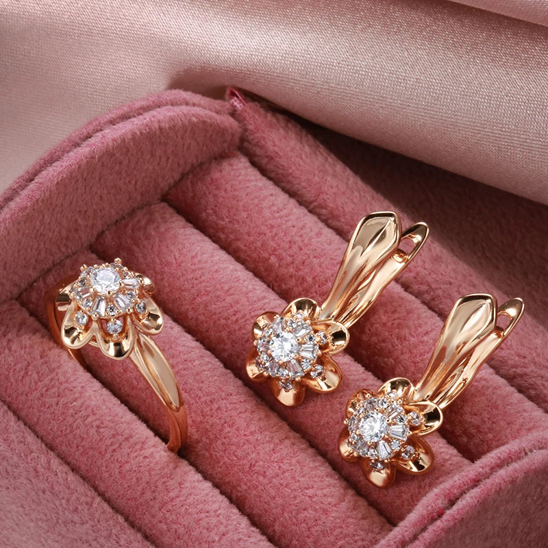  Crystal Flower 585 Rose Gold Women Earrings Ring Sets Natural Zircon Earrings Trend Unusual Creative  Jewelry