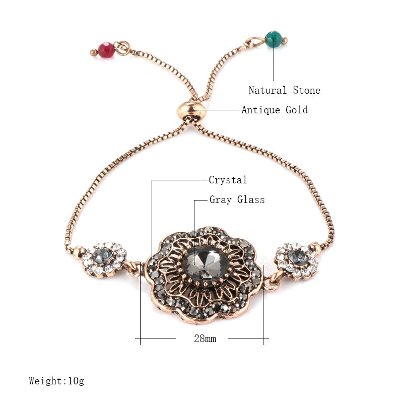 Luxury Gray Crystal Flower Bracelet for Women Antique Gold India Bracelets Adjustable Length Vintage Wedding Jewelry