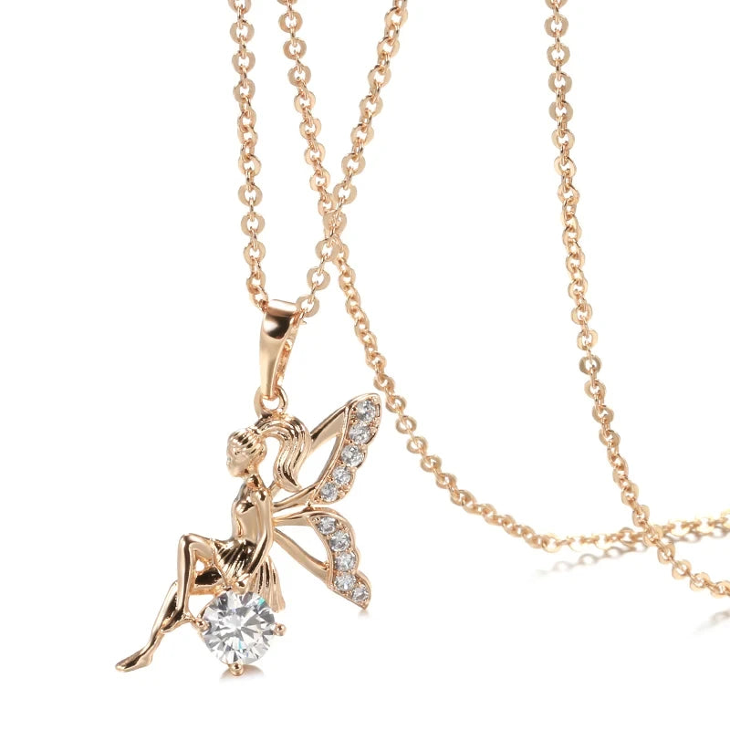 Angel Pendant Necklaces for Women 585 Rose Gold Color with Shiny Natural Zircon Pendant Daily Fine Jewelry