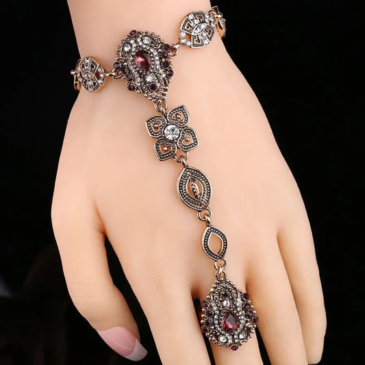 Fashion Crystal Flower Vintage Unique Bracelets and Rings for Women Gold Color Luxury Turkey Jewelry