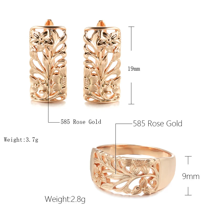 Vintage 585 Rose Gold Women Earrings Ring Sets Boho Hollow Flower Cilp Earrings Ring Elegant Ethnic Wedding Jewelry Sets