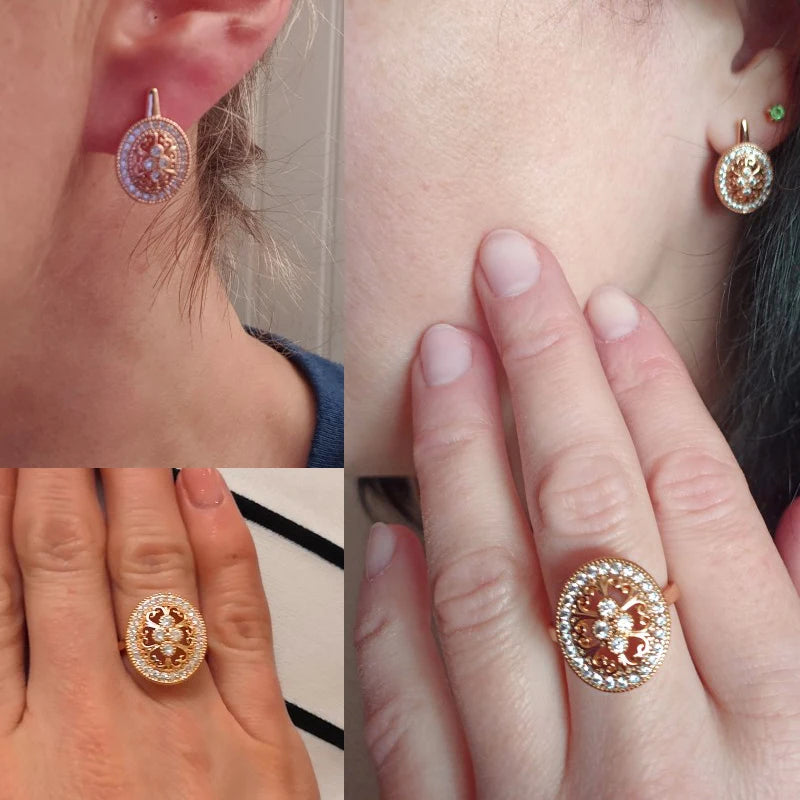 Ethnic Flower Sets 585 Rose Gold Necklace Earrings Ring Sets for Women Natural Zircon Jewelry 