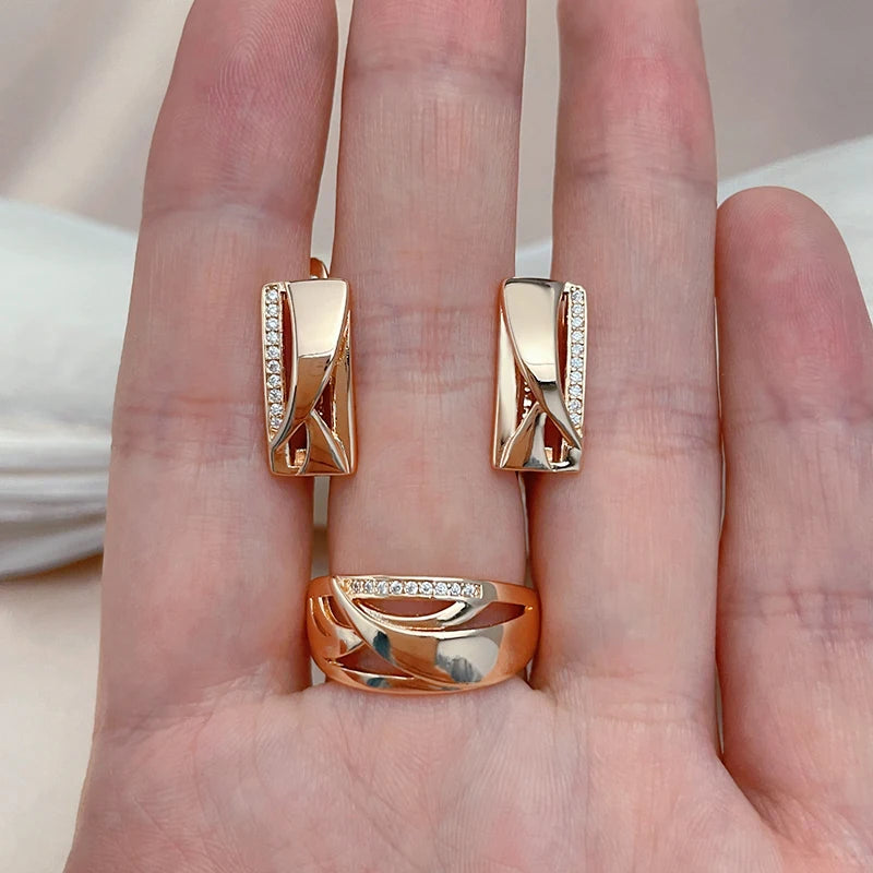 New 585 Rose Gold Square Drop Earrings Ring Stes Fashion Women Geometry Natural Zircon Ring Fine Daily Boho Jewelry Set