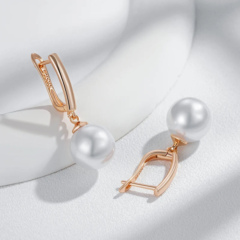 Simple 10Mm 12Mm 16Mm Pearl Drop Earrings for Women Luxury 585 Rose Gold Color Bridal Daily Earrings Wedding Jewelry