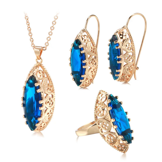 New Sets 585 Rose Gold Ethnic Bride Necklace Earrings Ring Set Green Rhombus Natural Zircon Hollow Flower Vintage Jewelry