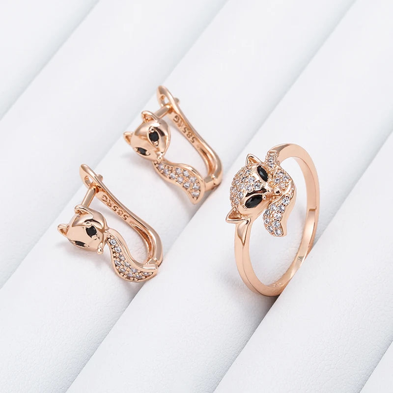 FOX Earrings Ring Sets for Women Fashion 585 Rose Gold Color Natural Zircon Accessories Animal Child Jewelry Sets