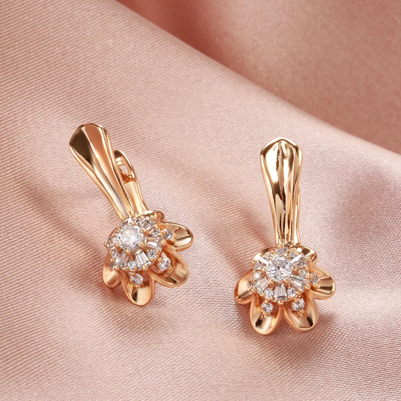  Crystal Flower 585 Rose Gold Women Earrings Ring Sets Natural Zircon Earrings Trend Unusual Creative  Jewelry
