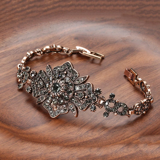Bohemian Women Link Bracelet Antique Gold Color Gray Crystal Ethnic Vintage Jewelry Russia Accessories
