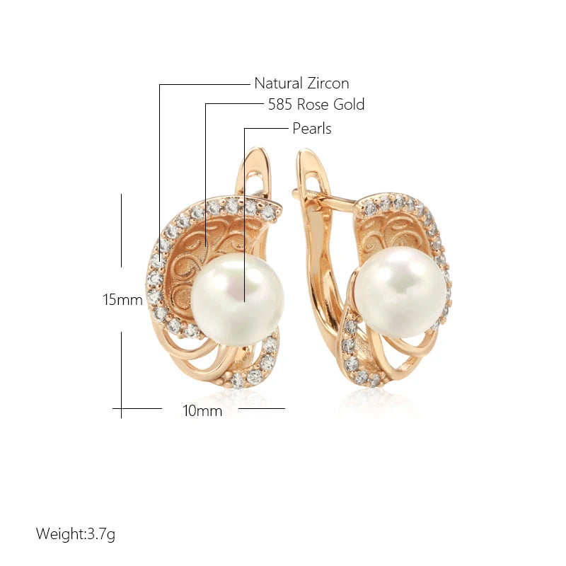 New round Pearl Dangle Earrings for Women 585 Rose Gold Color Flower Ethnic Bride Earrings Lovely Fashion Daily Jewelry