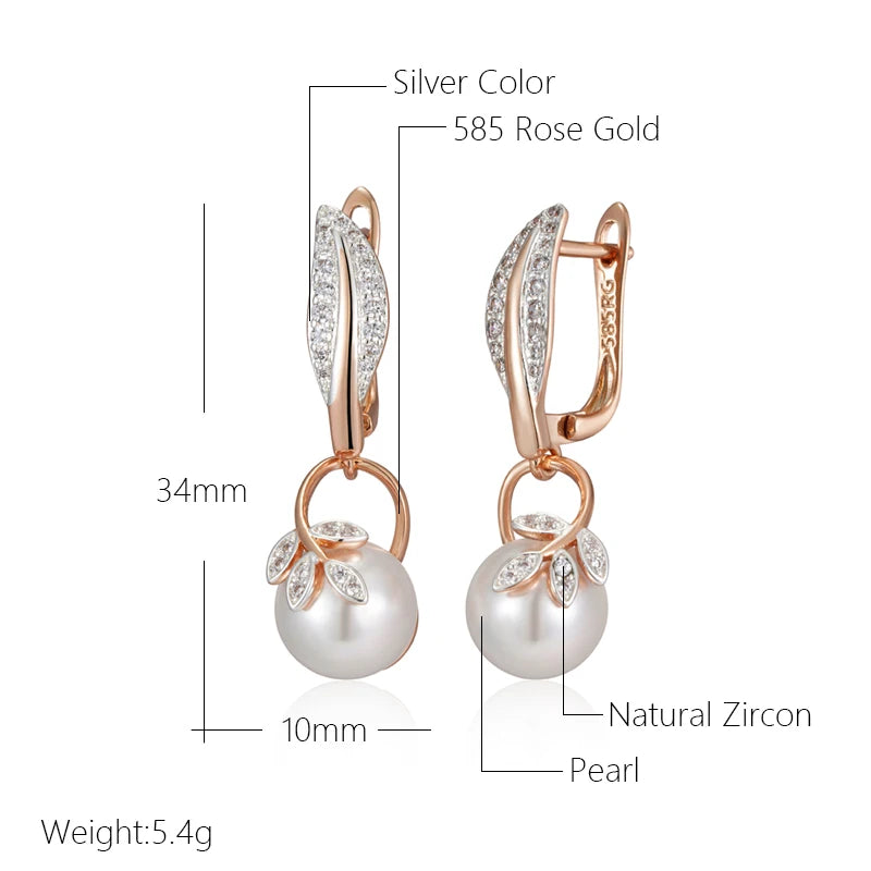 Fashion Crystal Flower Pearl Drop Earrings for Women 585 Rose Gold Silver Color Mix Boho Ethnic Wedding Jewelry Gift