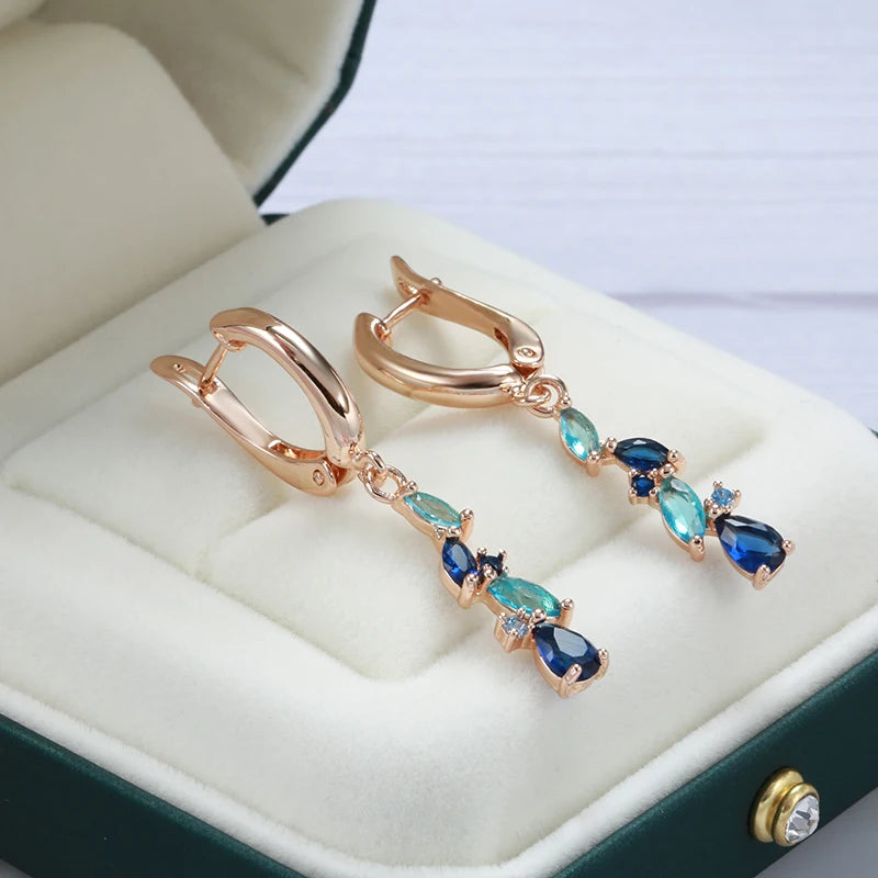 Romantic Vintage New Blue Natural Zircon Long Earrings Ring Sets for Women Trendy 585 Rose Gold Ring  Jewelry Sets