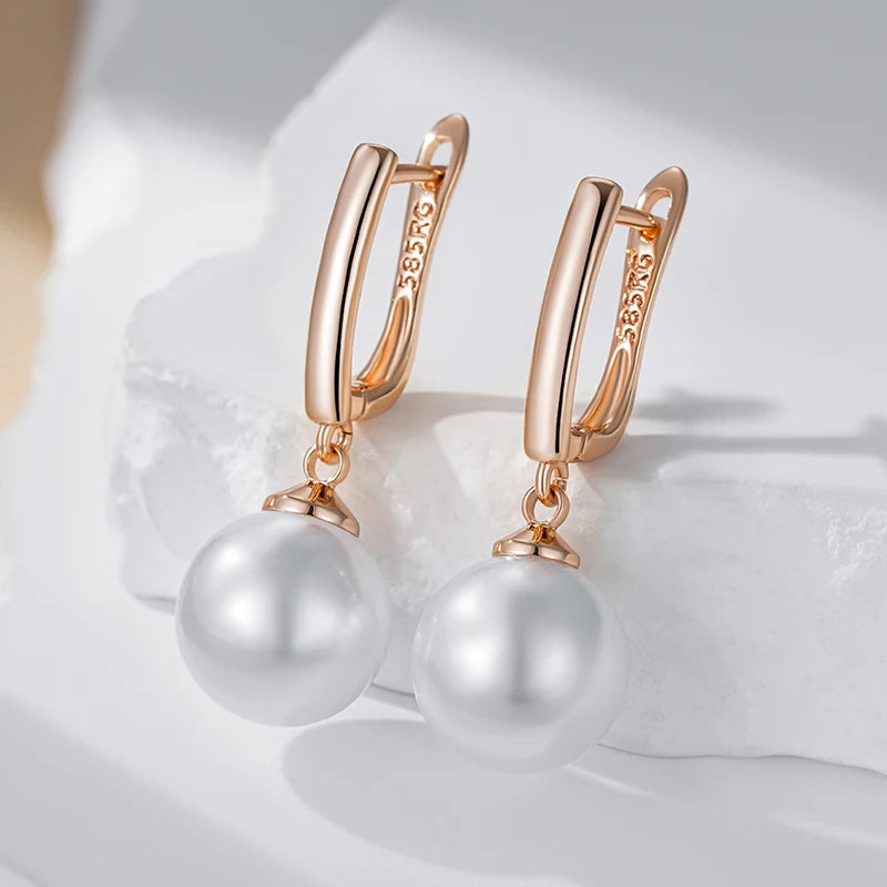 Simple 10Mm 12Mm 16Mm Pearl Drop Earrings for Women Luxury 585 Rose Gold Color Bridal Daily Earrings Wedding Jewelry