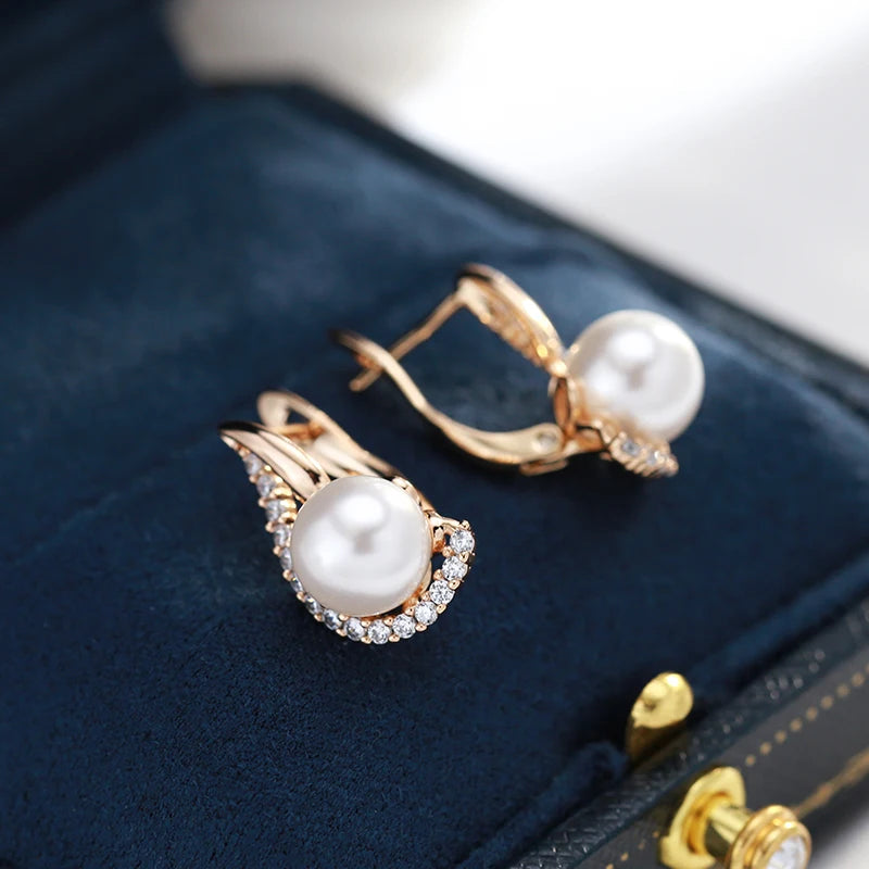 Luxury 585 Rose Gold Color English Earrings for Women Unique Geometric Pearl Earrings Bridal Wedding Jewelry 
